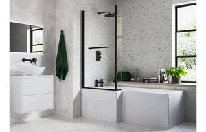 Navarie L Shape SUPERCAST 1700x850x560mm 0TH Shower Bath Pack (RH) - Matt Black